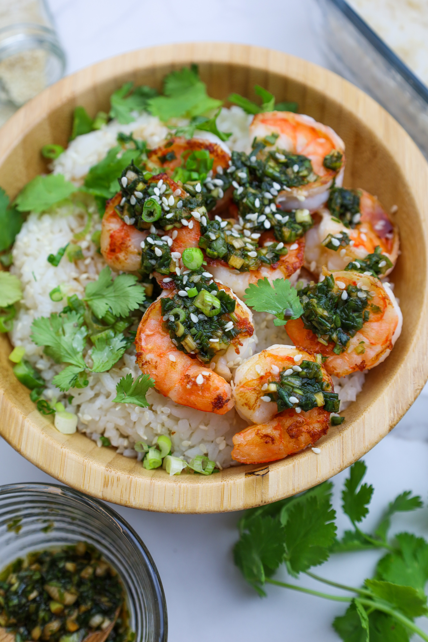 coconut rice with seared shrimp and scallion sauce