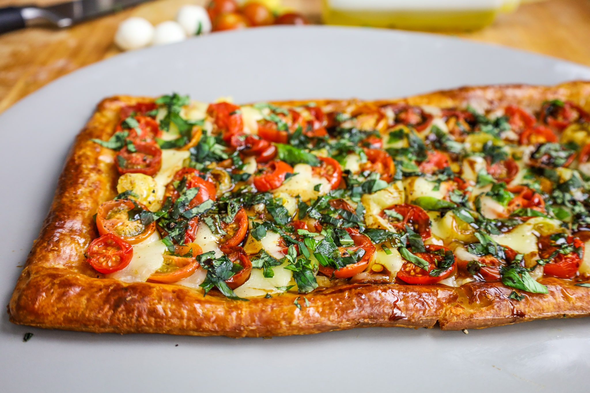 caprese tart with flaky parmesan crust