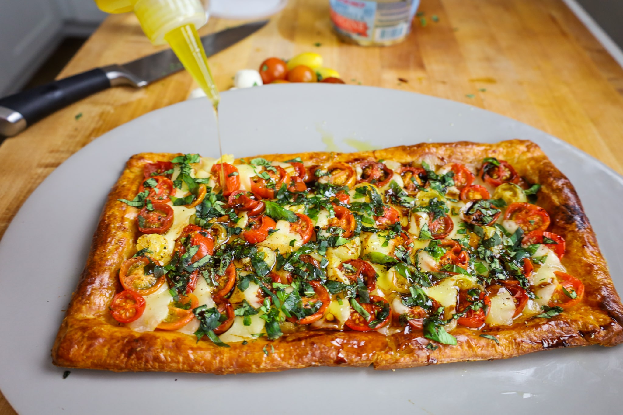 caprese tart with flaky parmesan crust