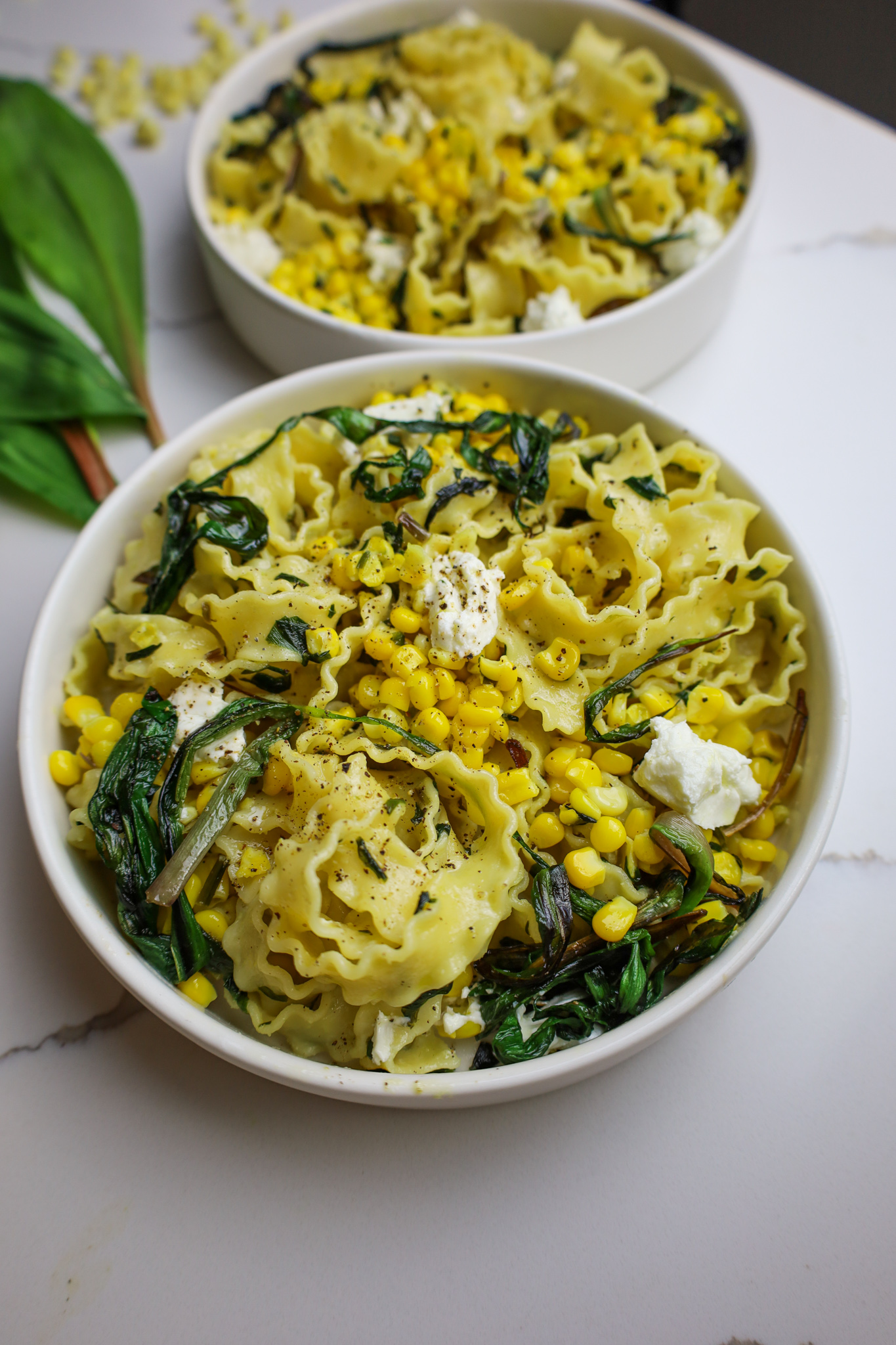 mafaldine with sweet corn ramps and goat cheese