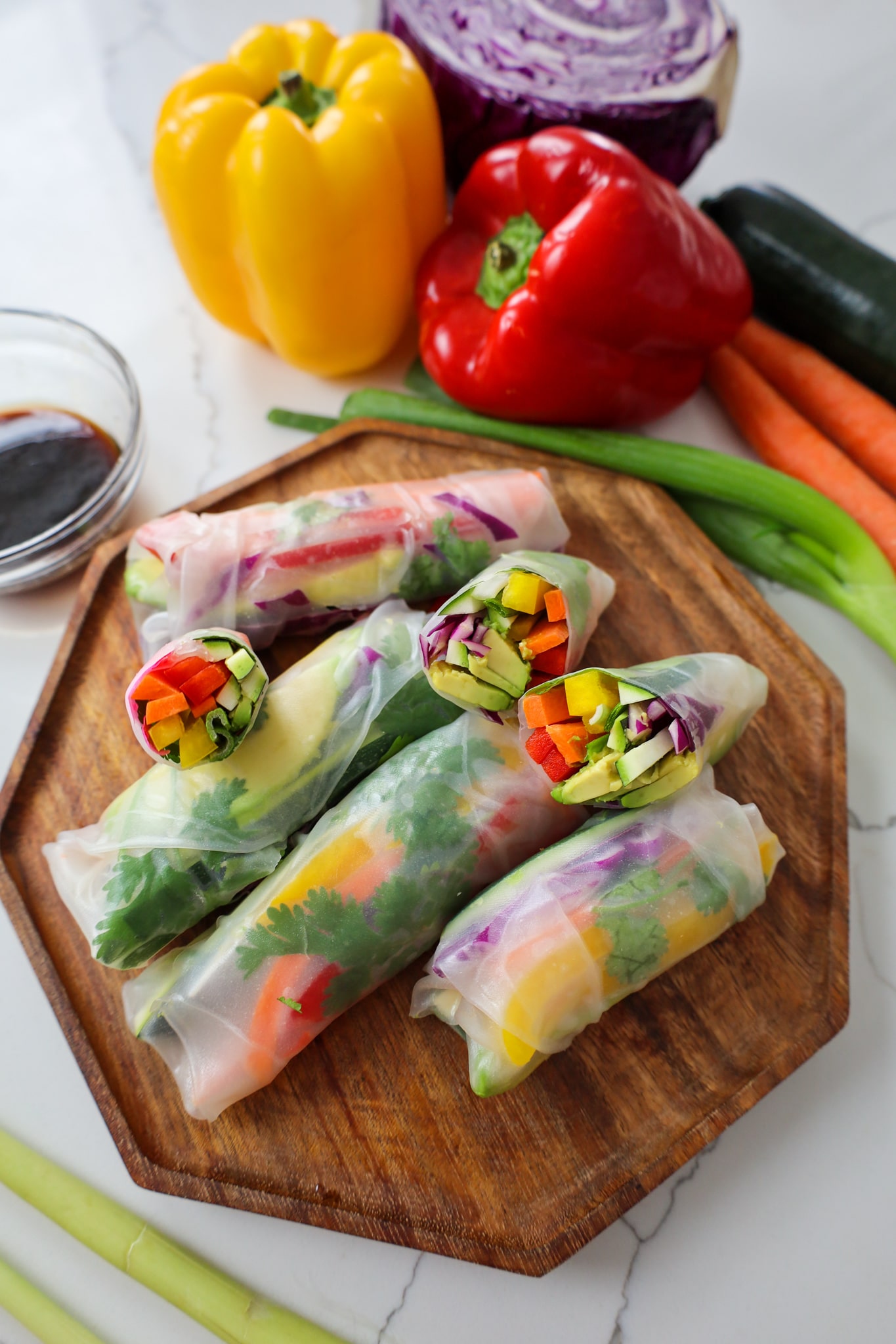 vegan rainbow veggie spring rolls with lemongrass sauce