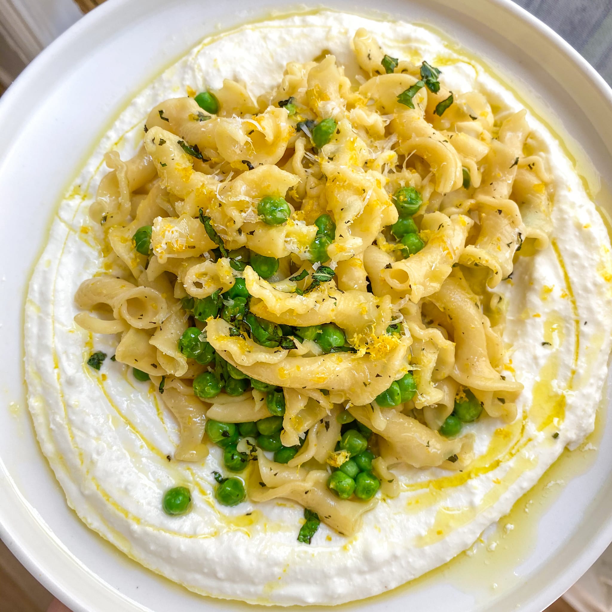 lemon butter pasta with whipped ricotta peas and mint