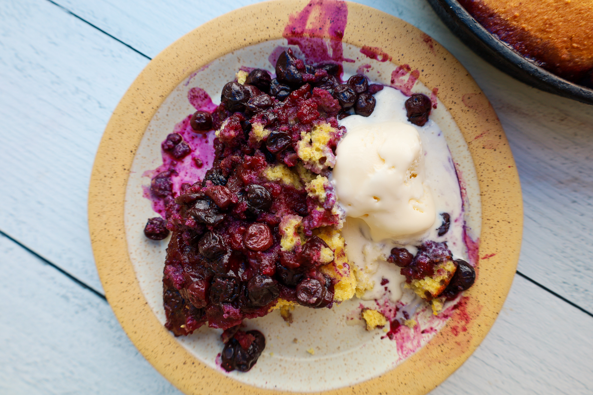 Blueberry Cornbread Cobbler with Honey Vanilla Ice Cream