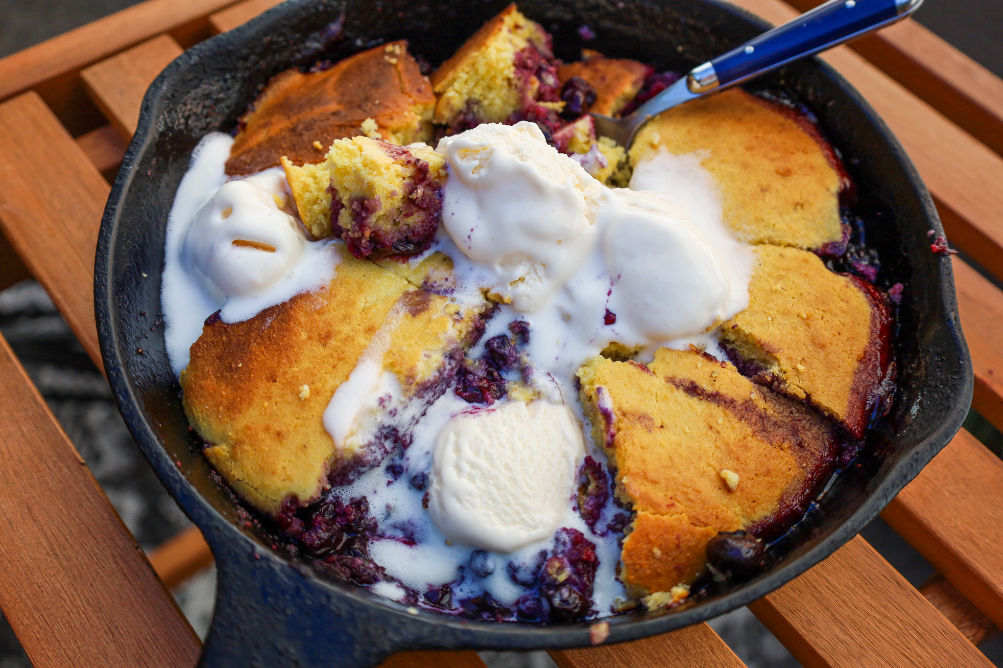 Blueberry Cornbread Cobbler with Honey Vanilla Ice Cream