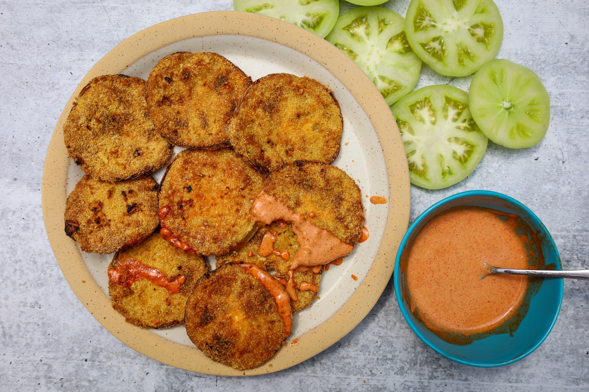 air fried green tomatoes with smoky paprika remoulade