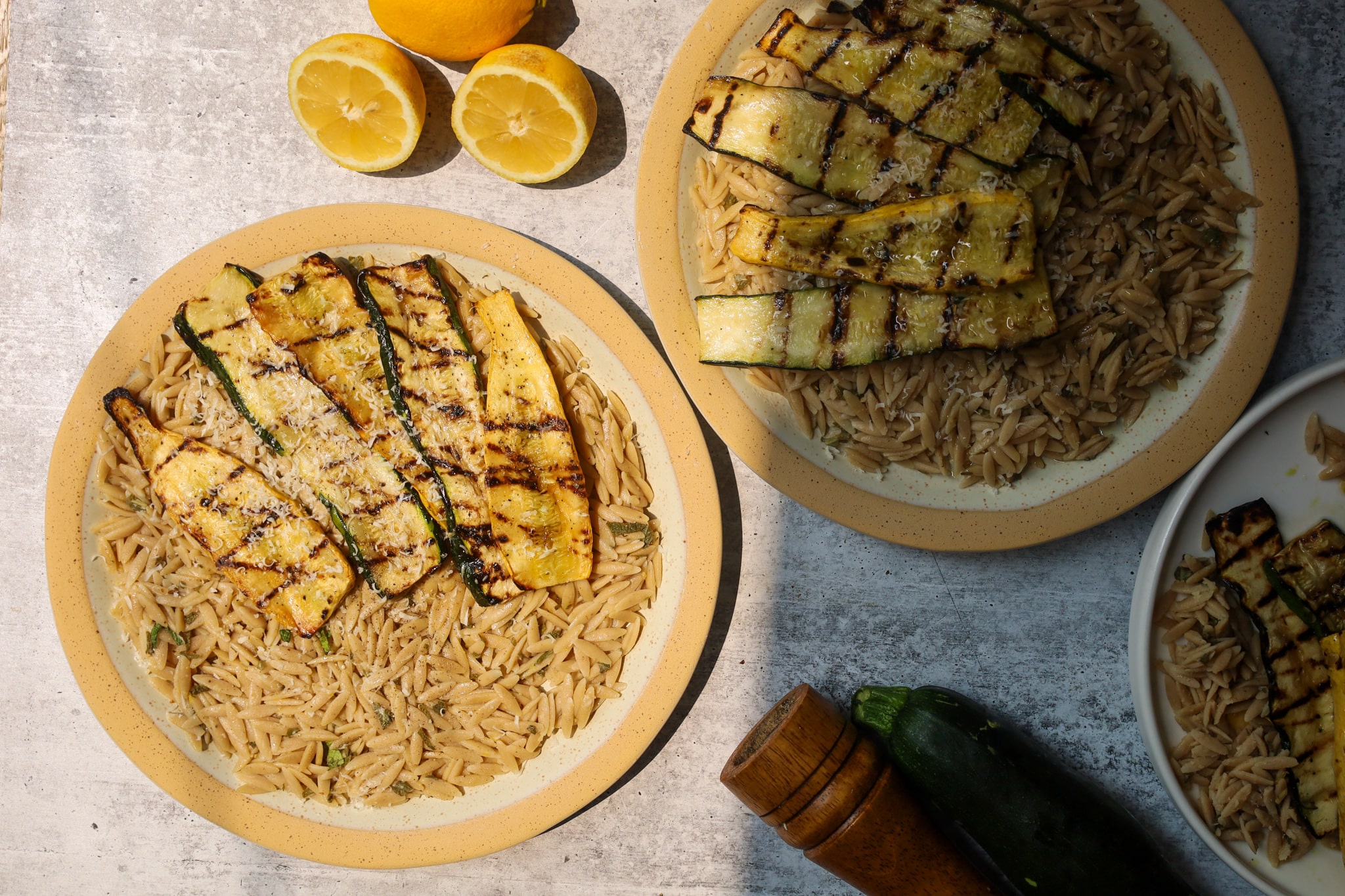 lemon brown butter sage orzo with summer squash