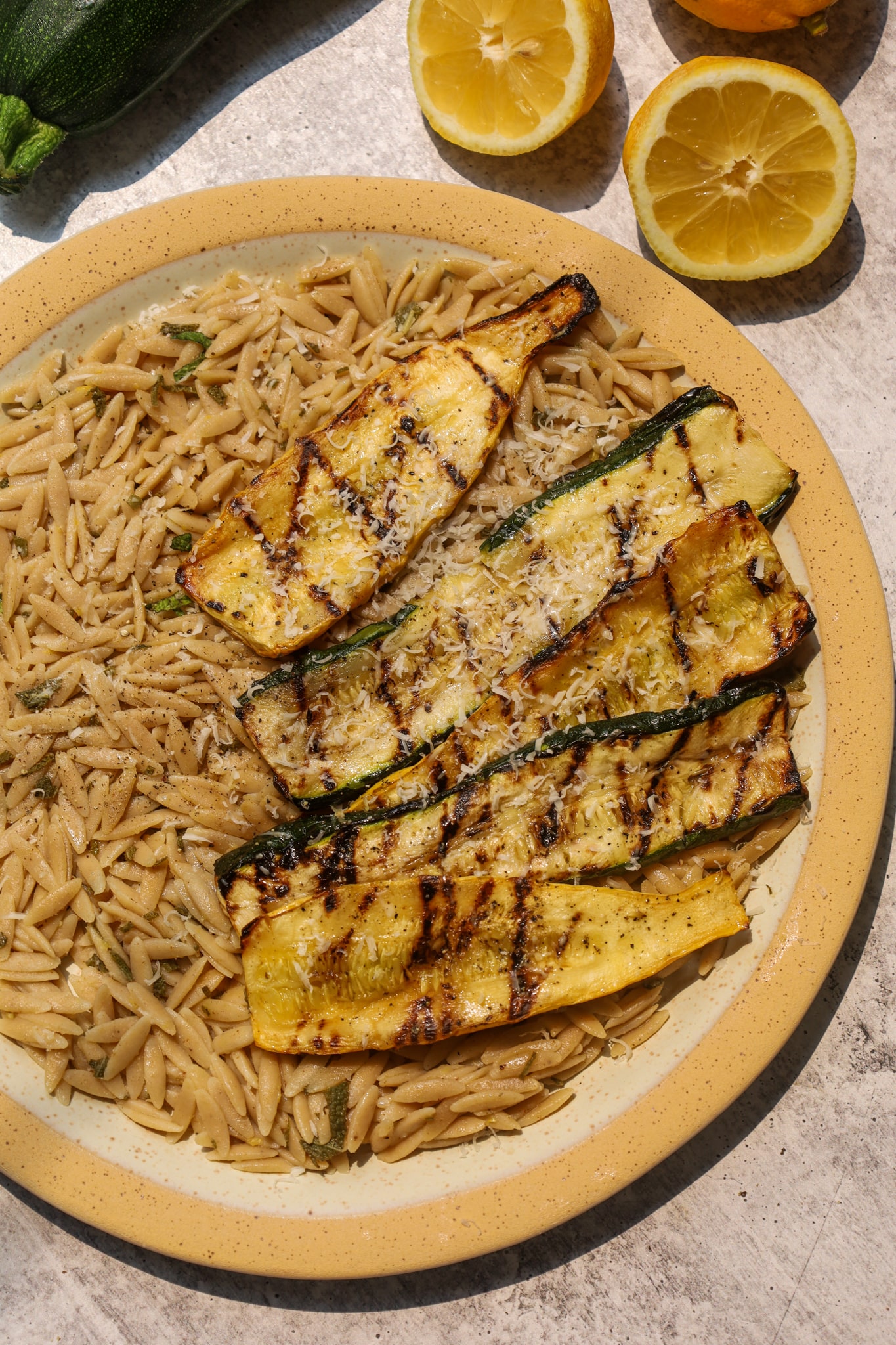 lemon brown butter sage orzo with summer squash