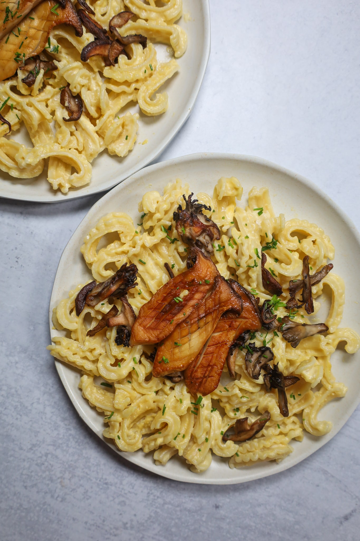 creamy corn pasta with chives and mushrooms