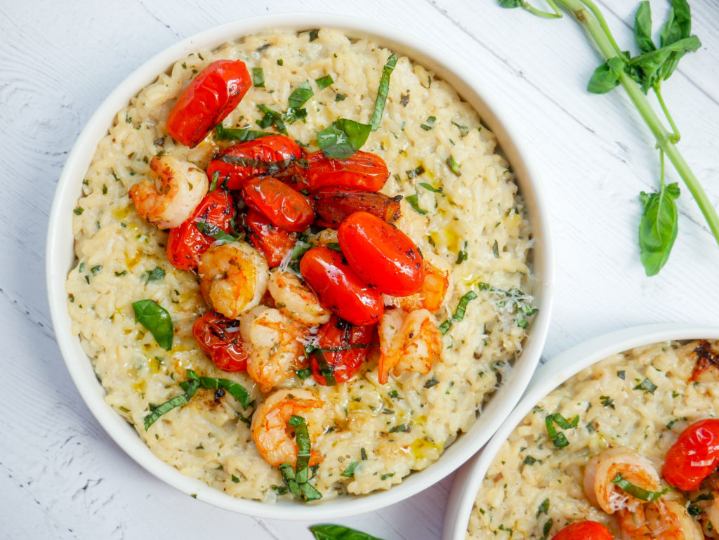 creamy basil garlic risotto with shrimp and tomatoes