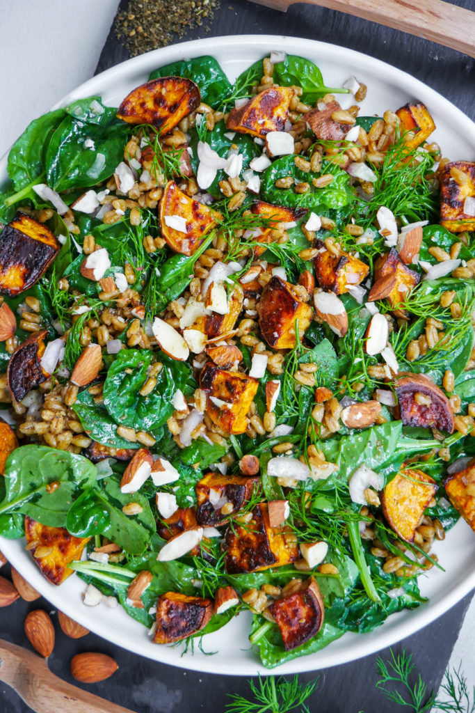 fall salad with sweet potatoes, dill, almonds, spinach and farro